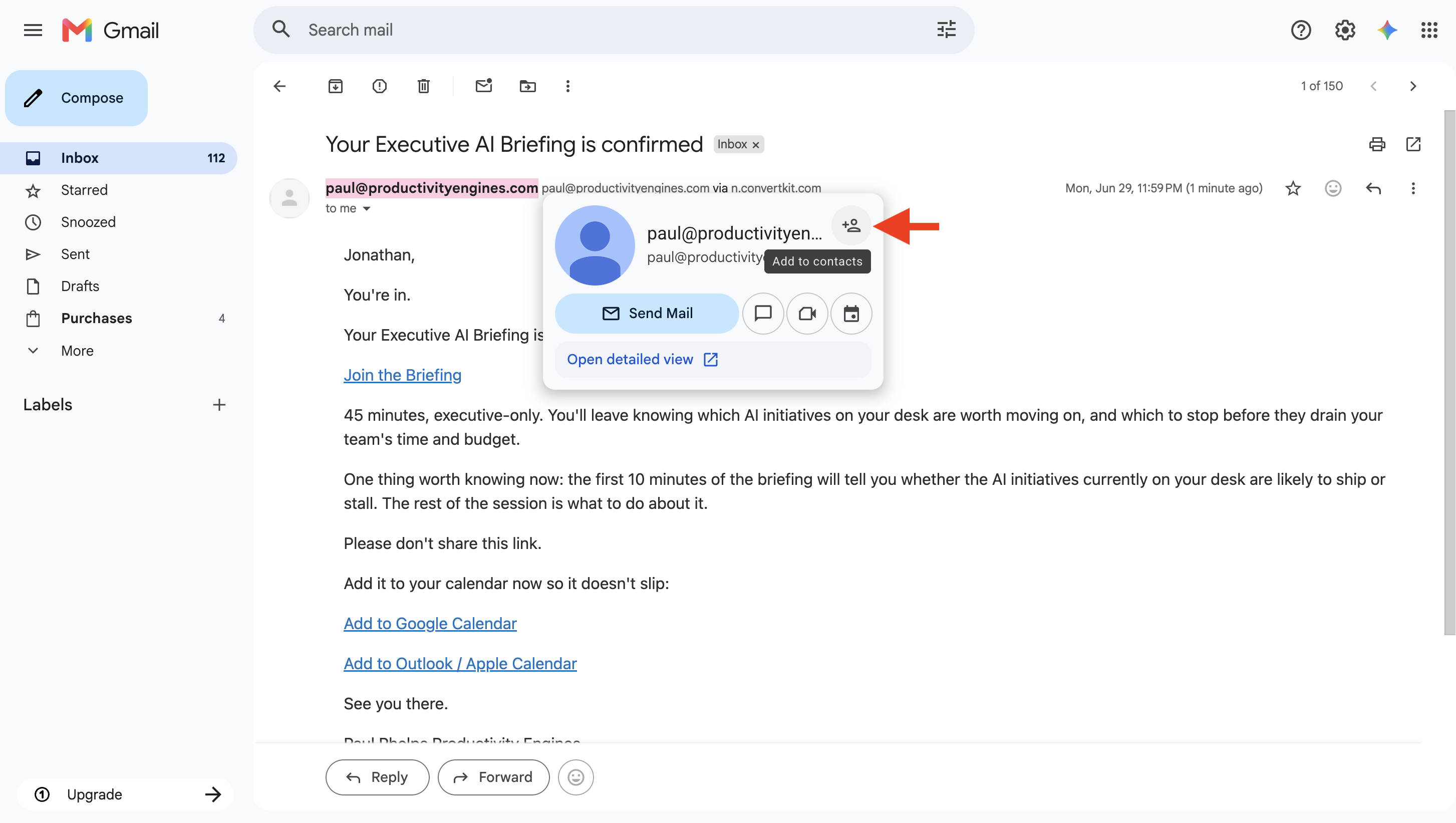 Gmail — Add to contacts tooltip with red arrow