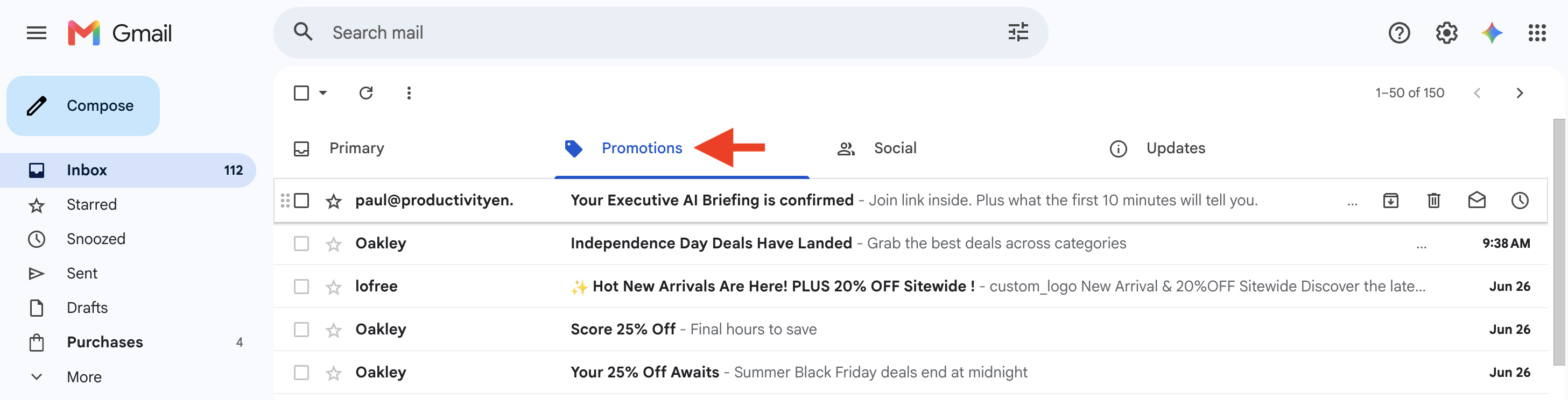 Gmail Promotions tab with Paul's confirmation email highlighted
