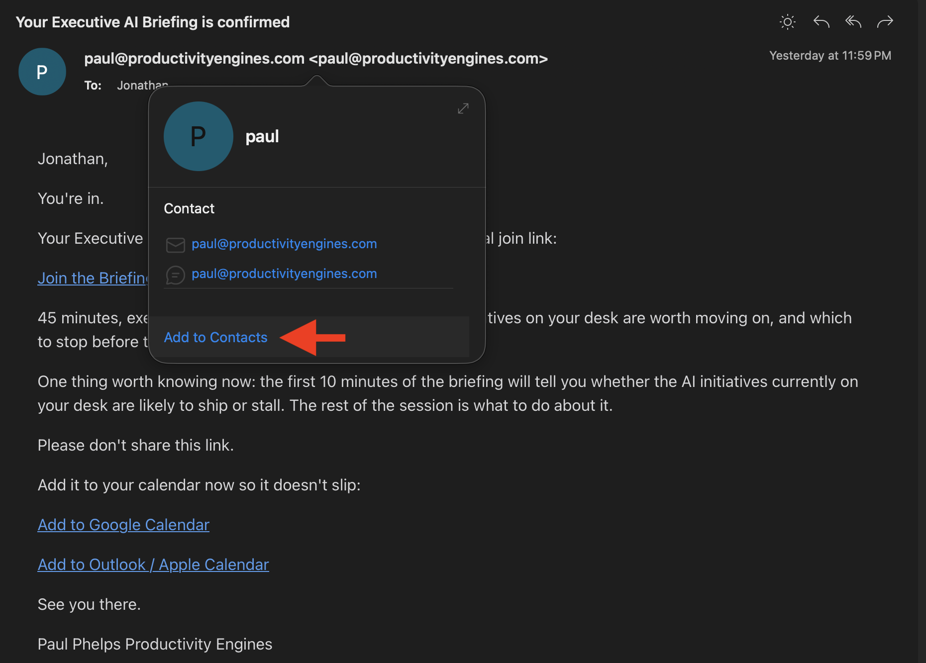 Outlook — Add to Contacts option with red arrow